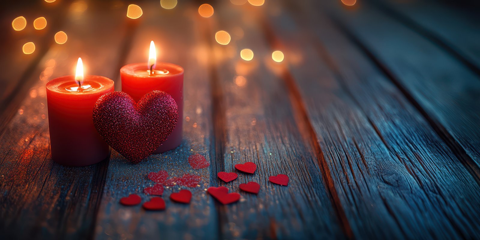 Candles and heart decorations create a romantic atmosphere for a special occasion on a wooden table